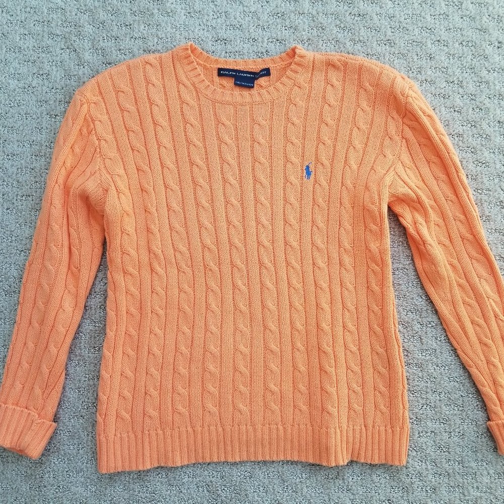 Ralph Lauren Sport Classic Soft Orange Cotton Cable Knit Sweater, Women's Small